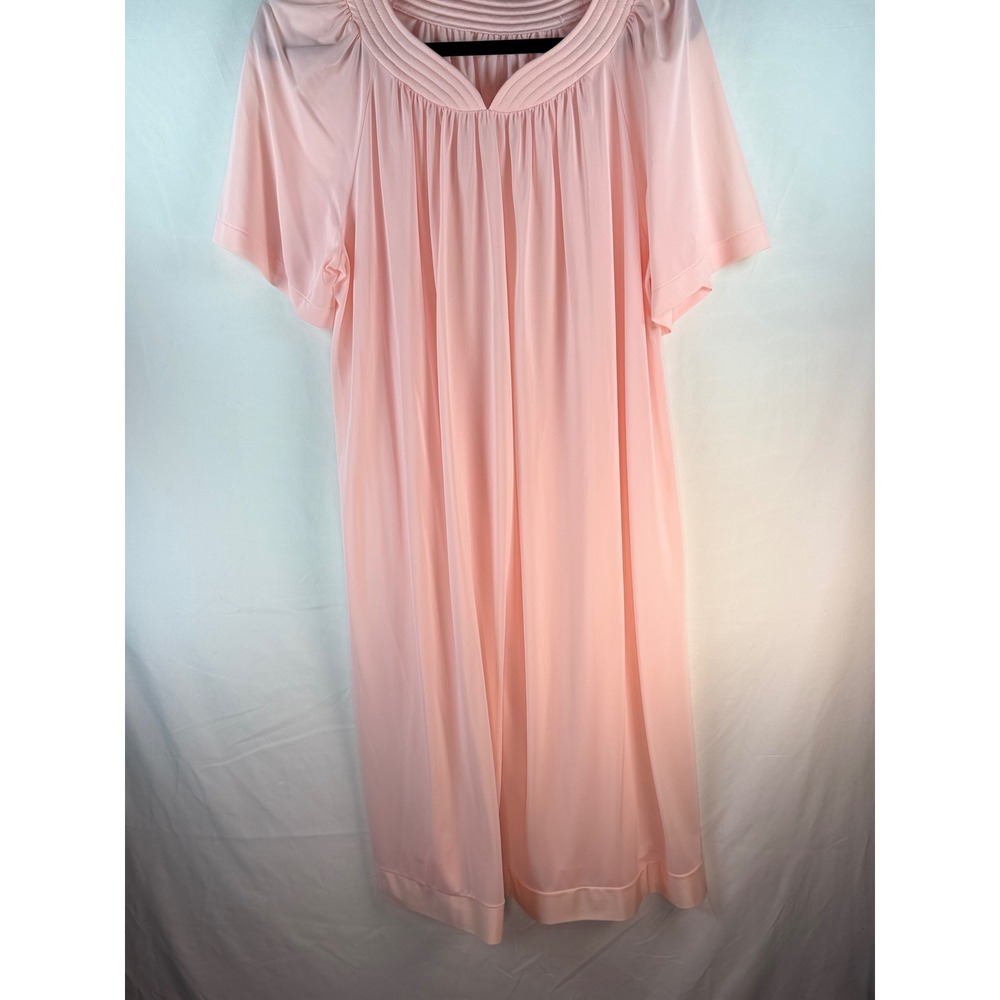 Shadowline Vintage Pink Nylon Nightgown V-Neck Quilted Trim Sleep Dress Large
